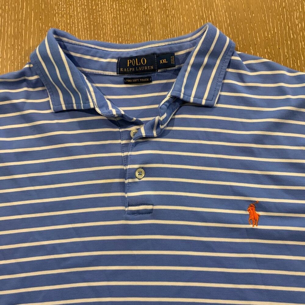 Polo Ralph Lauren Shirt XXL Blue Stripe Pima Soft Touch Short‎ Sleeve Men Pony